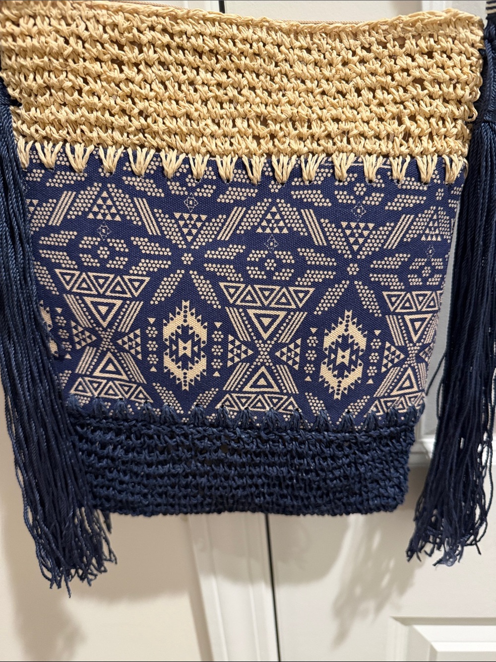 Navy & Natural Woven Fringe Crossbody Bag by Sun and Sand